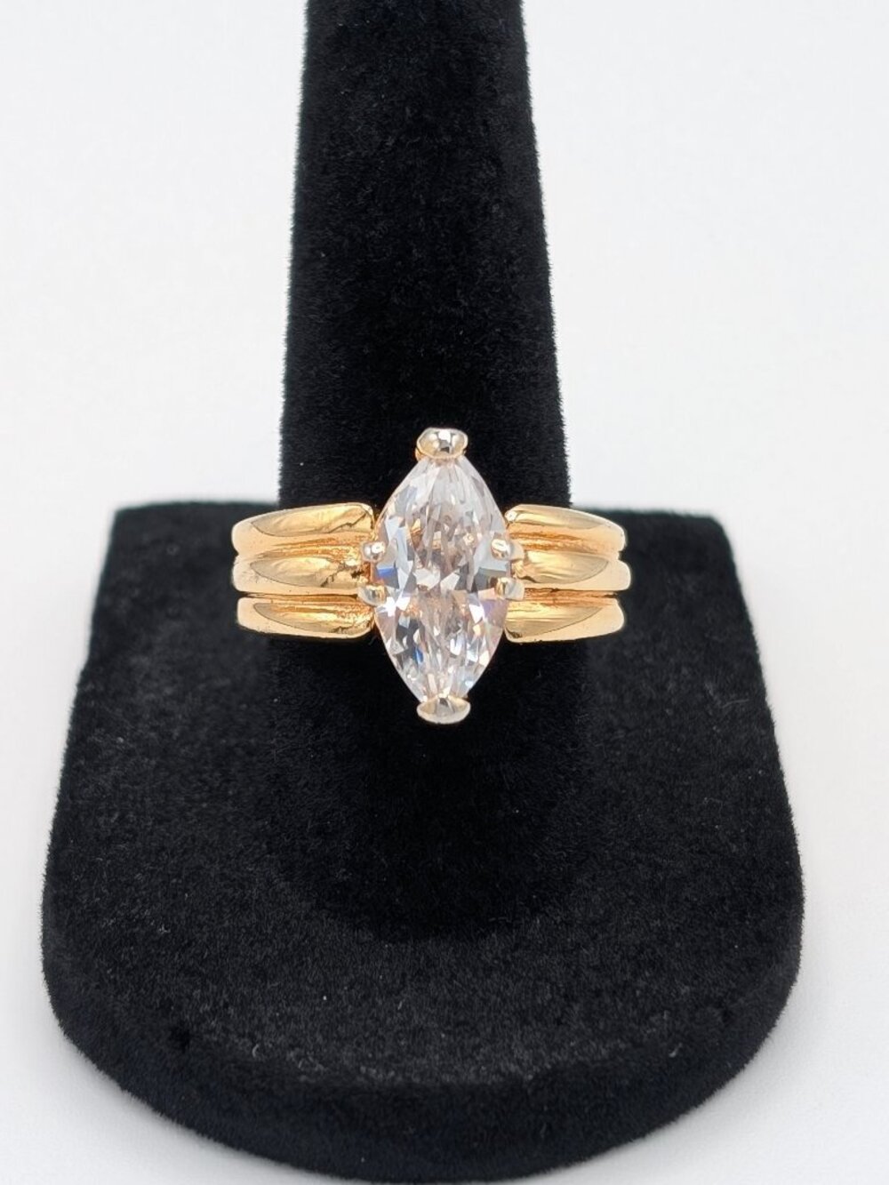 Vintage 1990s 18kt Gold Plated Marquise CZ Solitaire Statement Ring SL Size 7